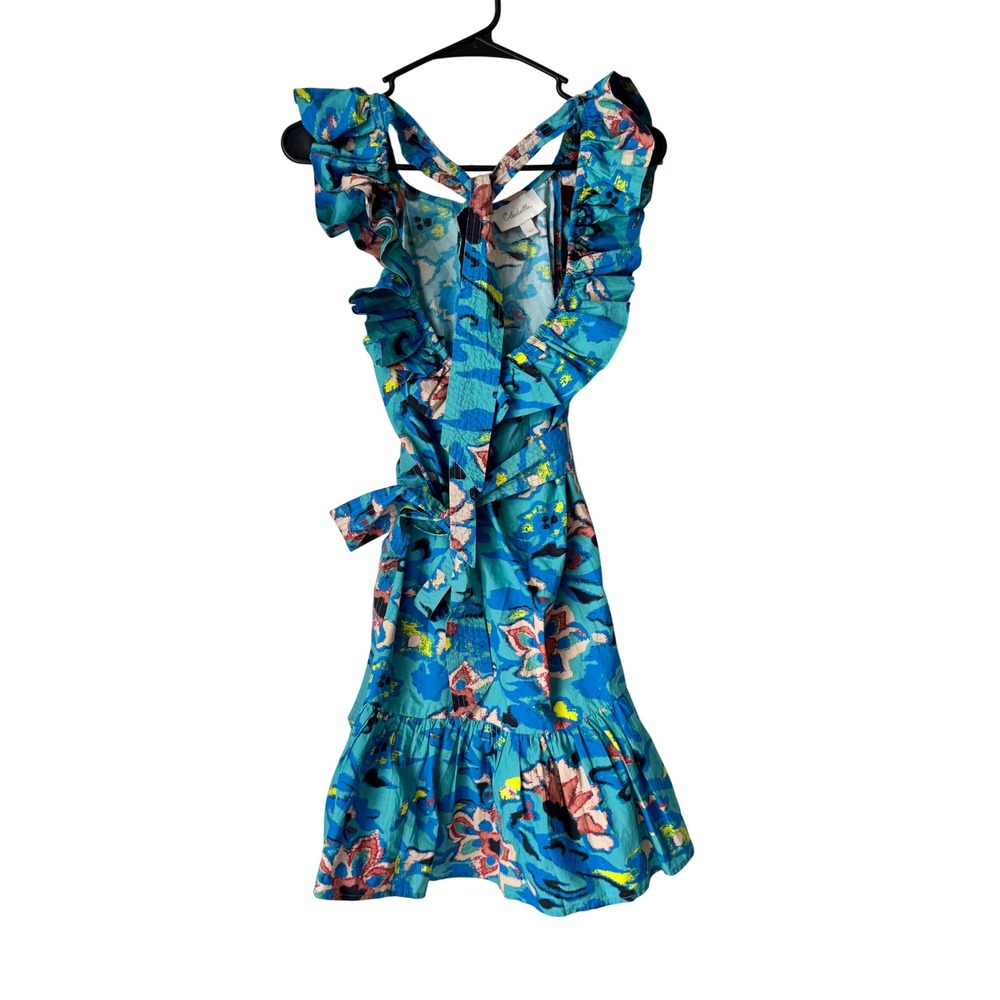 Cleobella Blue Abstract Floral Organic Cotton Ruffle Wrap Mini Dress Size XS
